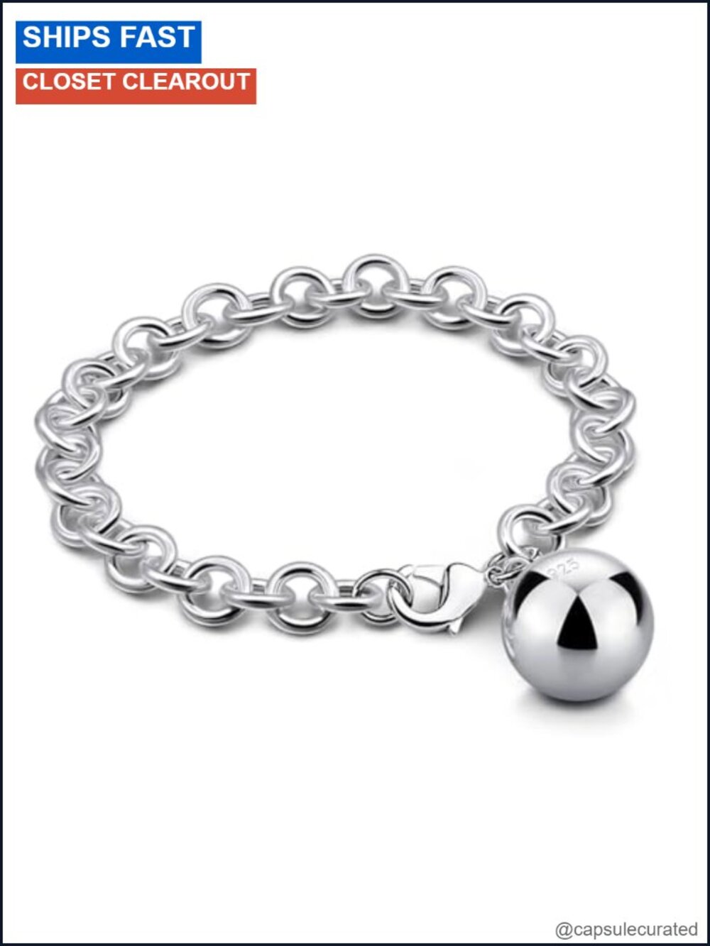 925 Sterling Silver Cable Wire Link Bracelet Heart Bell Charm Bangle
